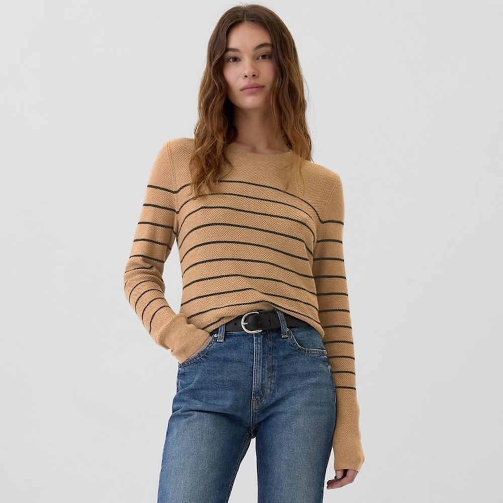 GAP Factory Tan Striped Crewneck Sweater